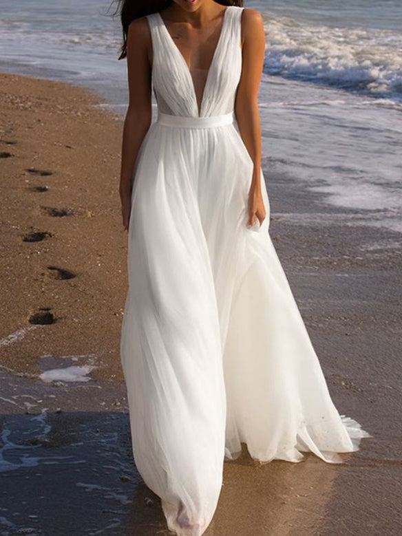 Dame Strand Brudekjole Maxi Med V-Hals