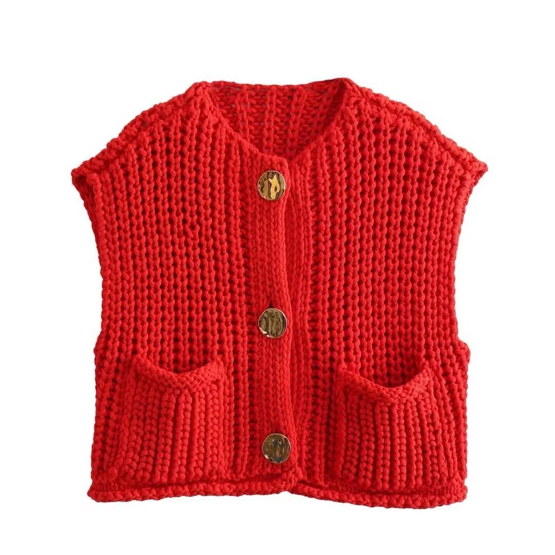 Dame Strik Vest Med Knapper | Rib & Lommer