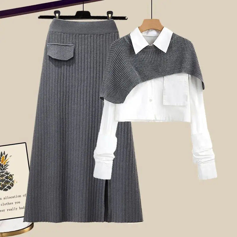 Dame Tredelte Sæt Med Ribstrikket Nederdel | Elegant