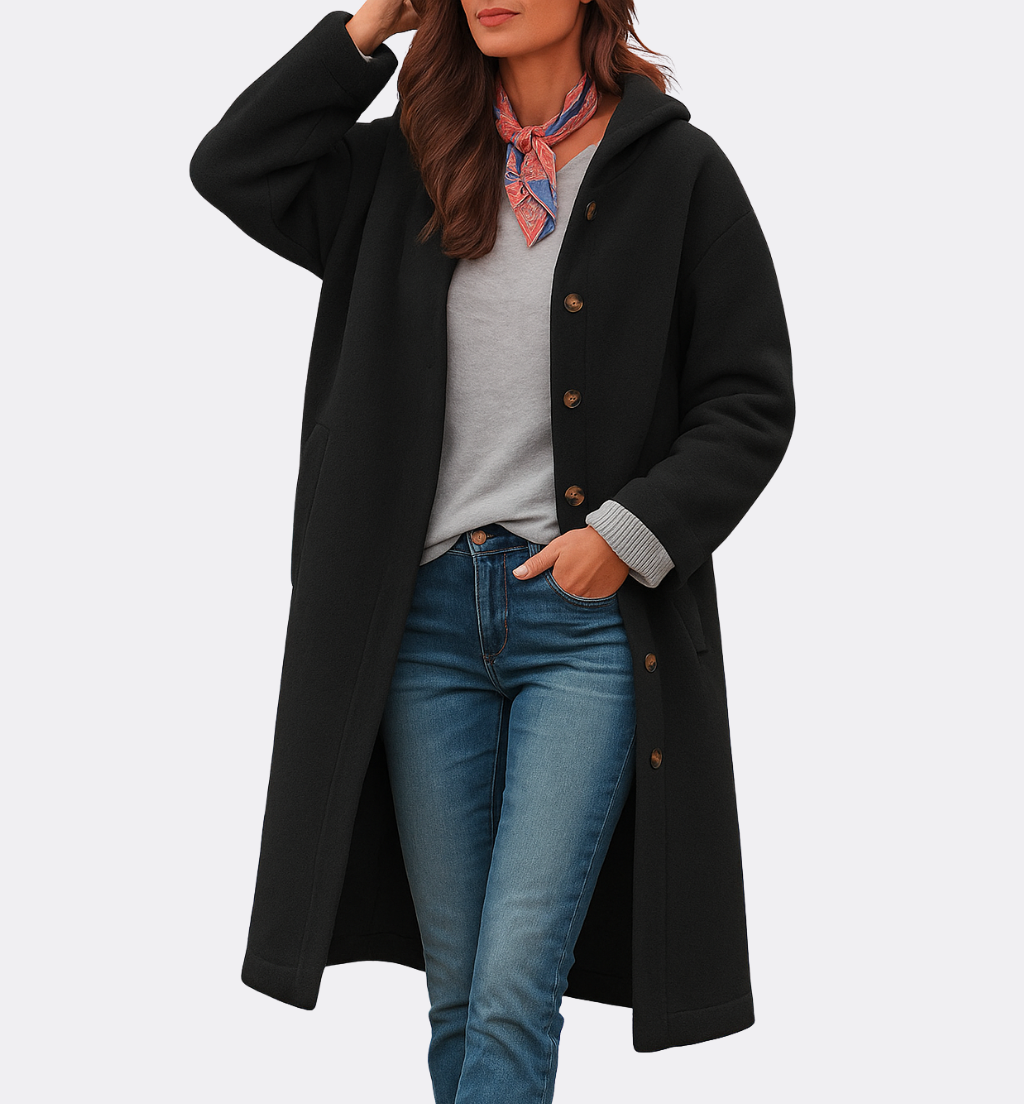 Dame Vinterfrakke med Hætte & Knaplukning