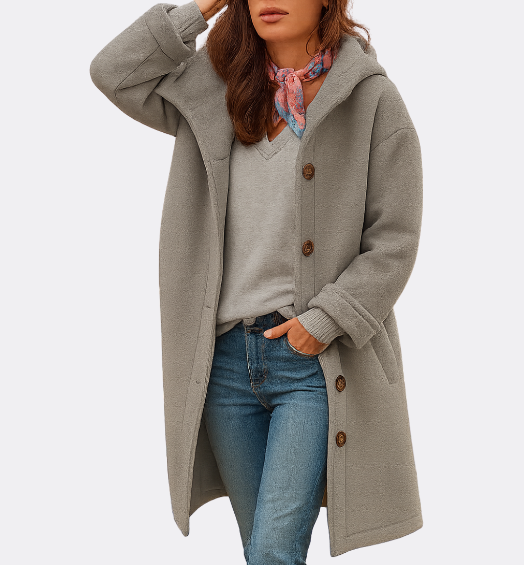 Dame Vinterfrakke med Hætte & Knaplukning