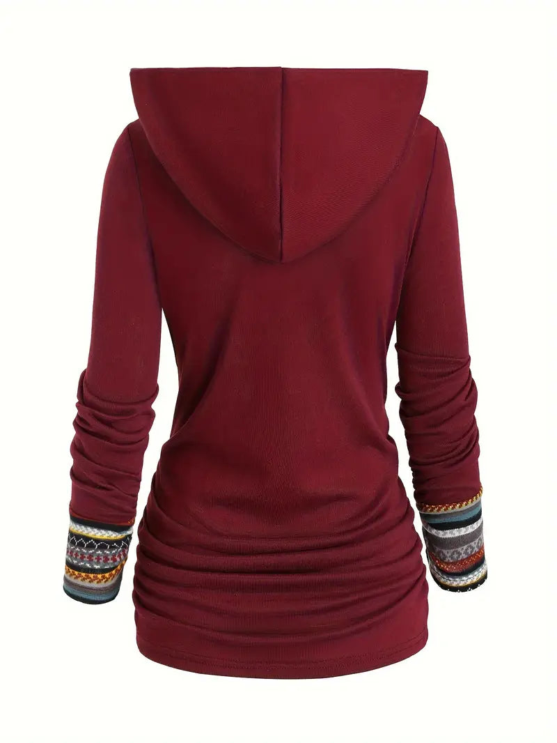 Etnoinspireret Dame Hoodie Med Knapper Og Mønsterdetaljer | Hætten