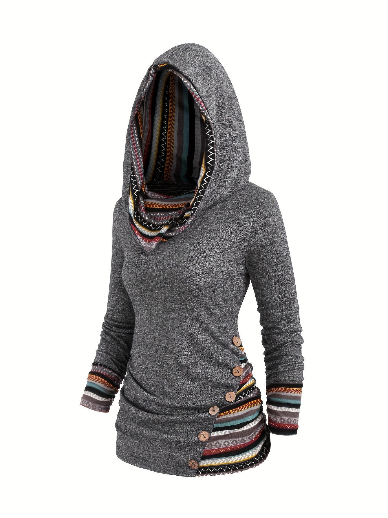 Etnoinspireret Dame Hoodie Med Knapper Og Mønsterdetaljer | Hætten