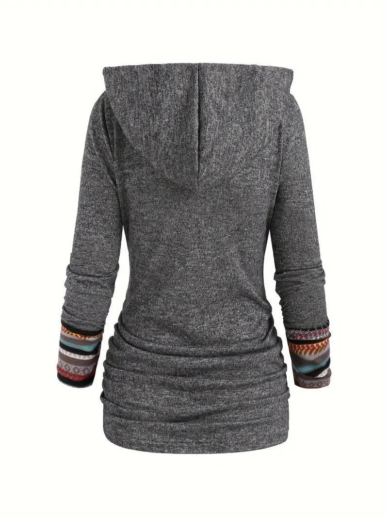 Etnoinspireret Dame Hoodie Med Knapper Og Mønsterdetaljer | Hætten