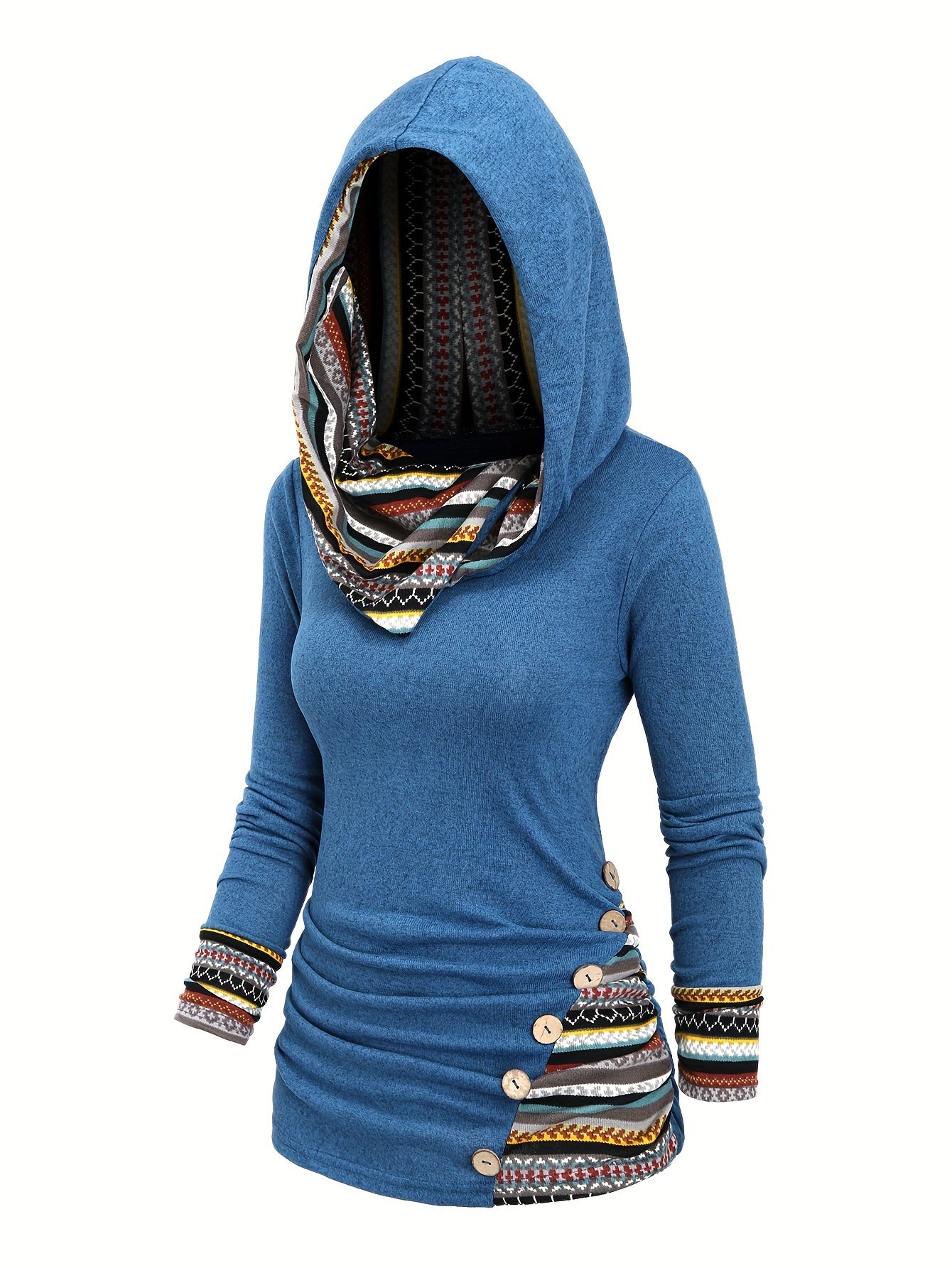 Etnoinspireret Dame Hoodie Med Knapper Og Mønsterdetaljer | Hætten