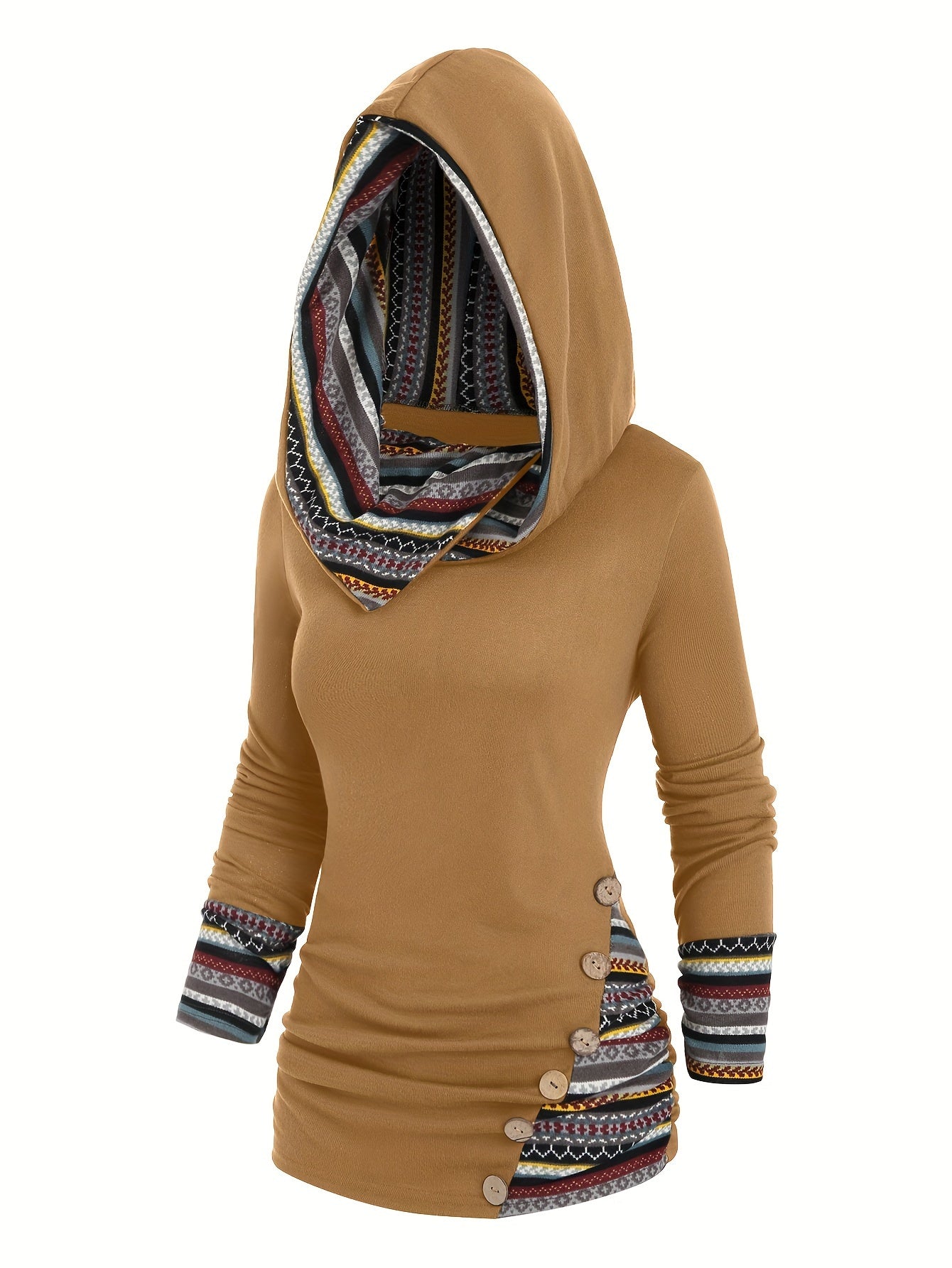Etnoinspireret Dame Hoodie Med Knapper Og Mønsterdetaljer | Hætten