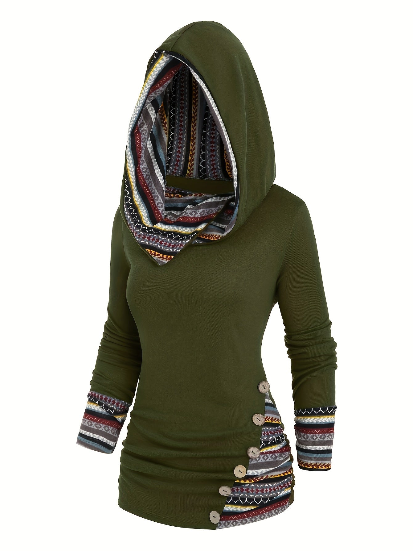 Etnoinspireret Dame Hoodie Med Knapper Og Mønsterdetaljer | Hætten