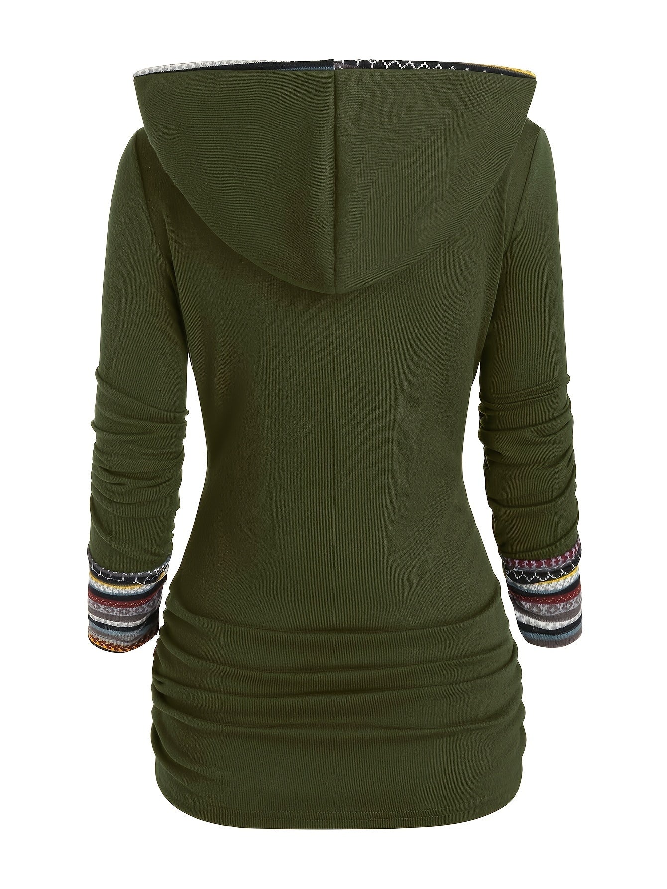Etnoinspireret Dame Hoodie Med Knapper Og Mønsterdetaljer | Hætten