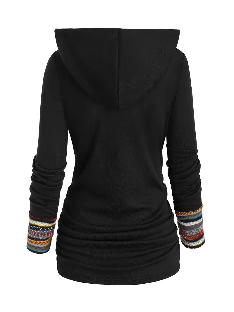 Etnoinspireret Dame Hoodie Med Knapper Og Mønsterdetaljer | Hætten