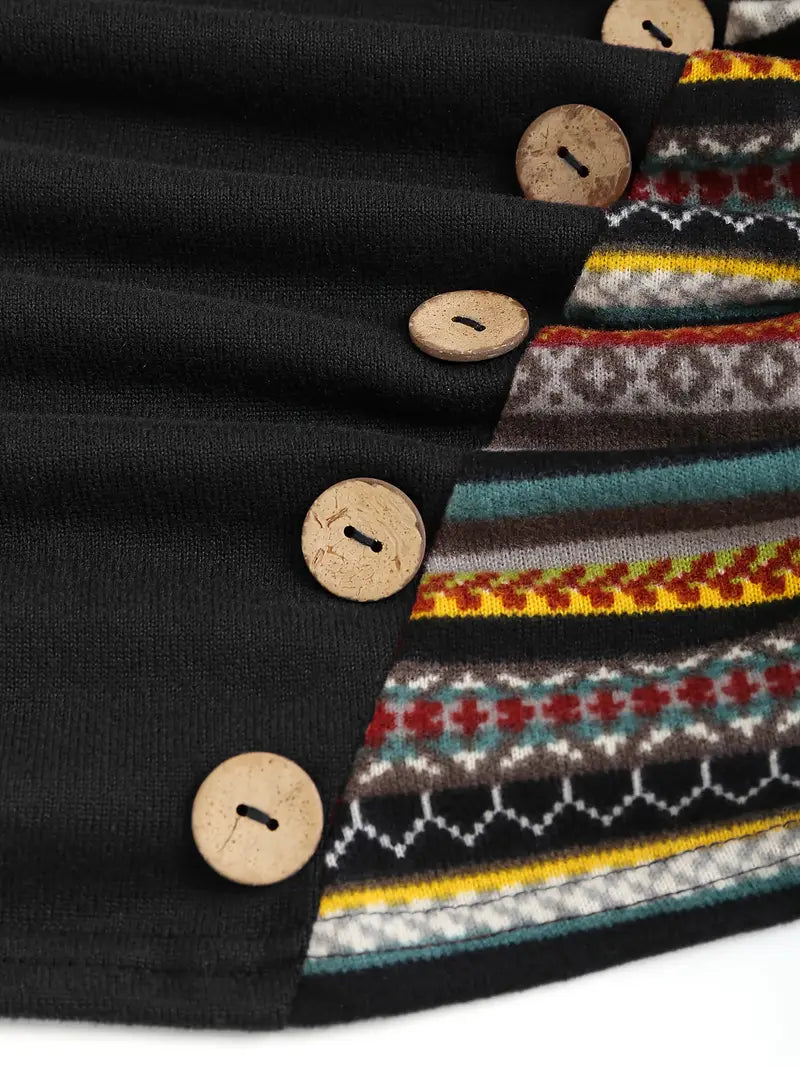 Etnoinspireret Dame Hoodie Med Knapper Og Mønsterdetaljer | Hætten