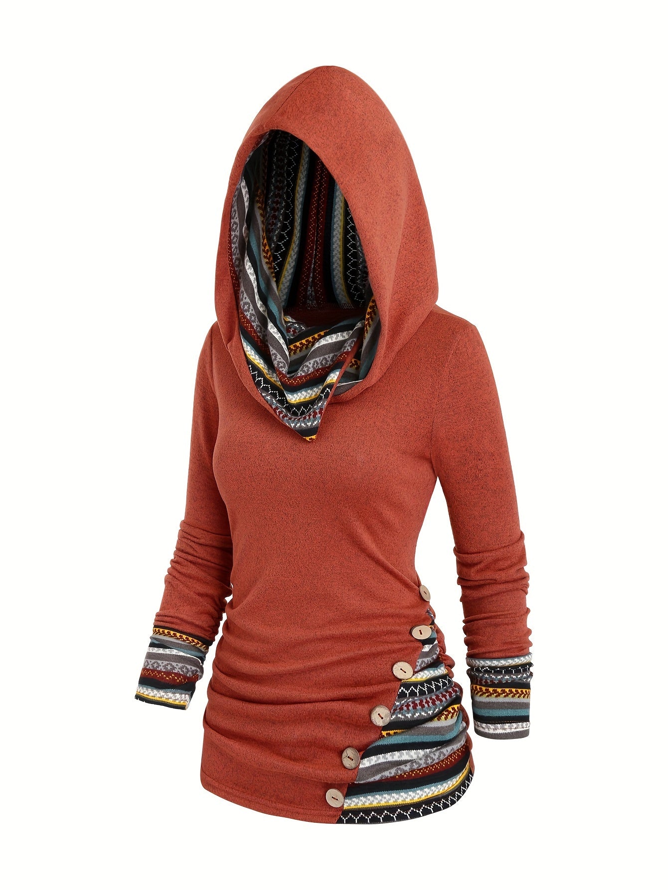 Etnoinspireret Dame Hoodie Med Knapper Og Mønsterdetaljer | Hætten