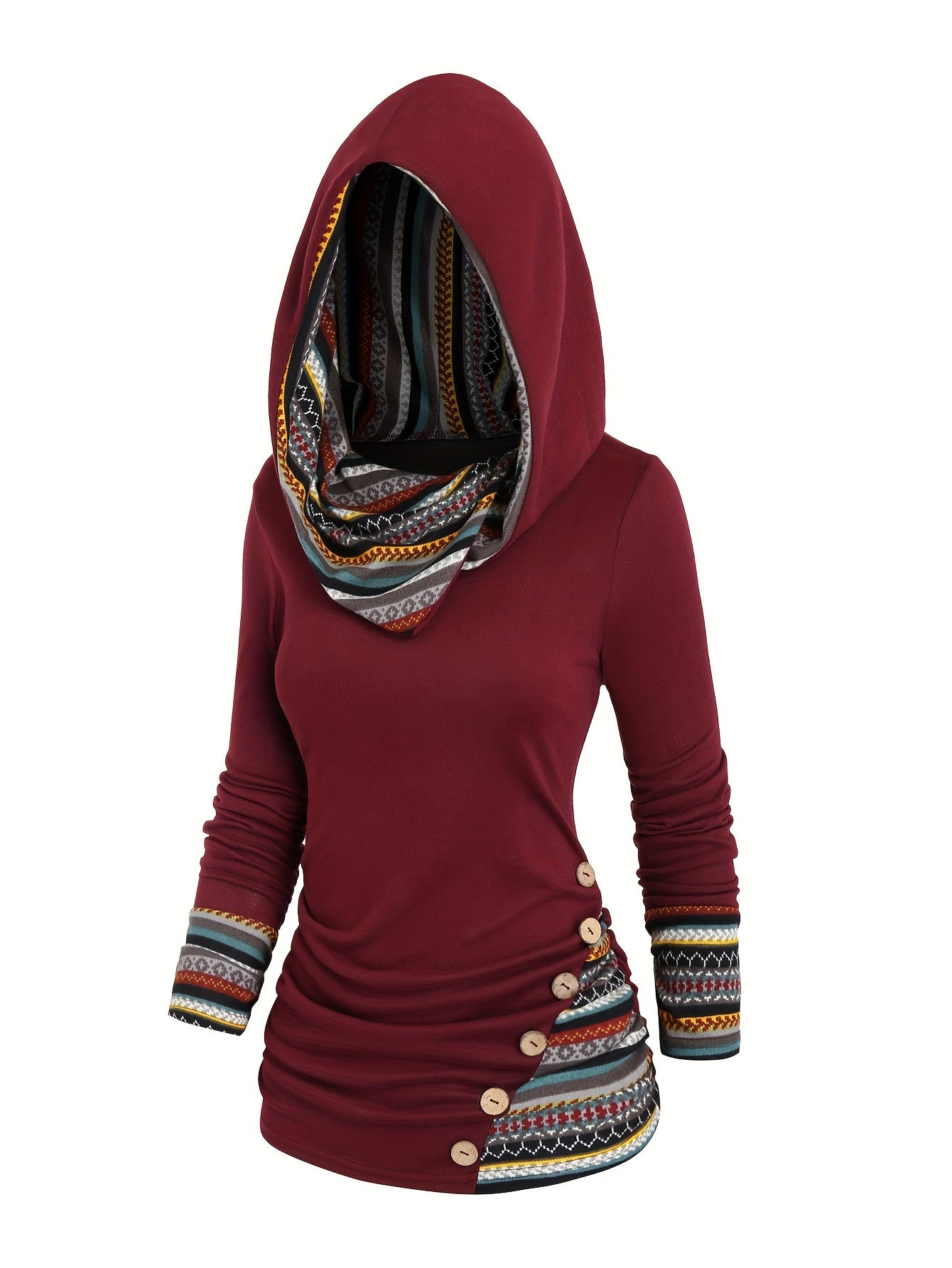 Etnoinspireret Dame Hoodie Med Knapper Og Mønsterdetaljer | Hætten