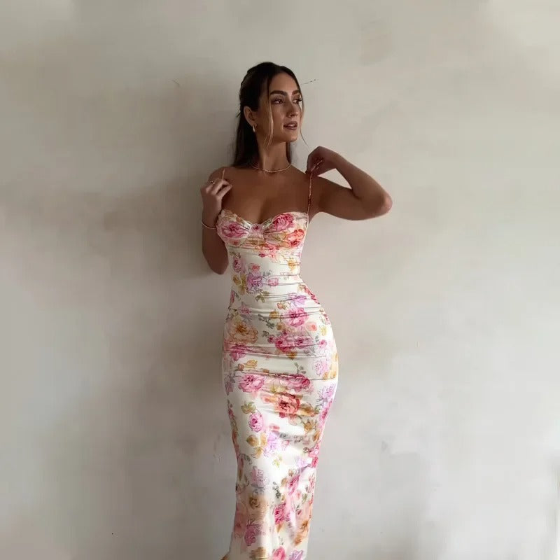 Heather | Elegant Floral Maxi Kjole med Blondekant