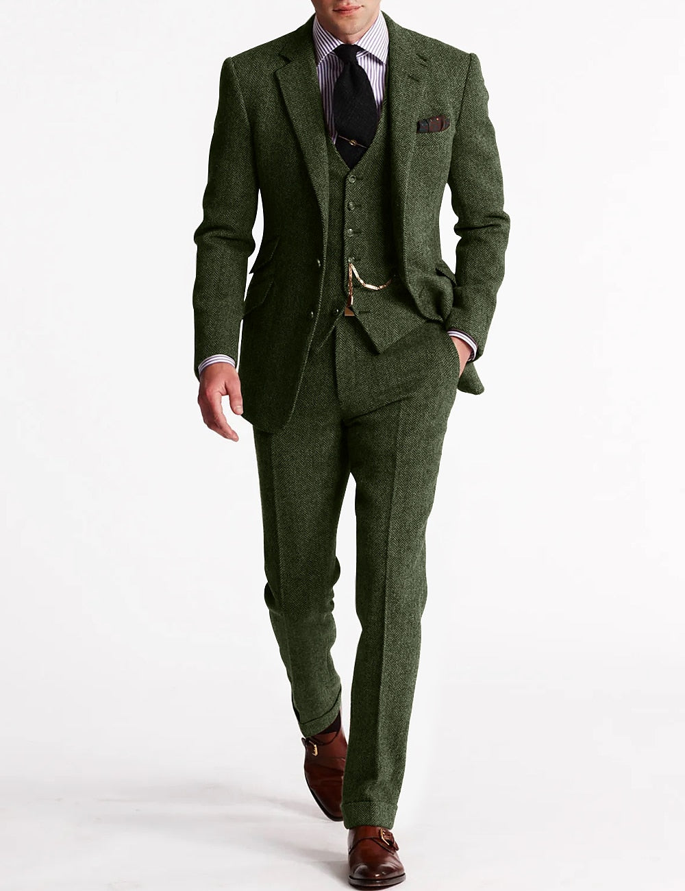 Herrer Tweed Jakkesæt Med Vest & Lommer