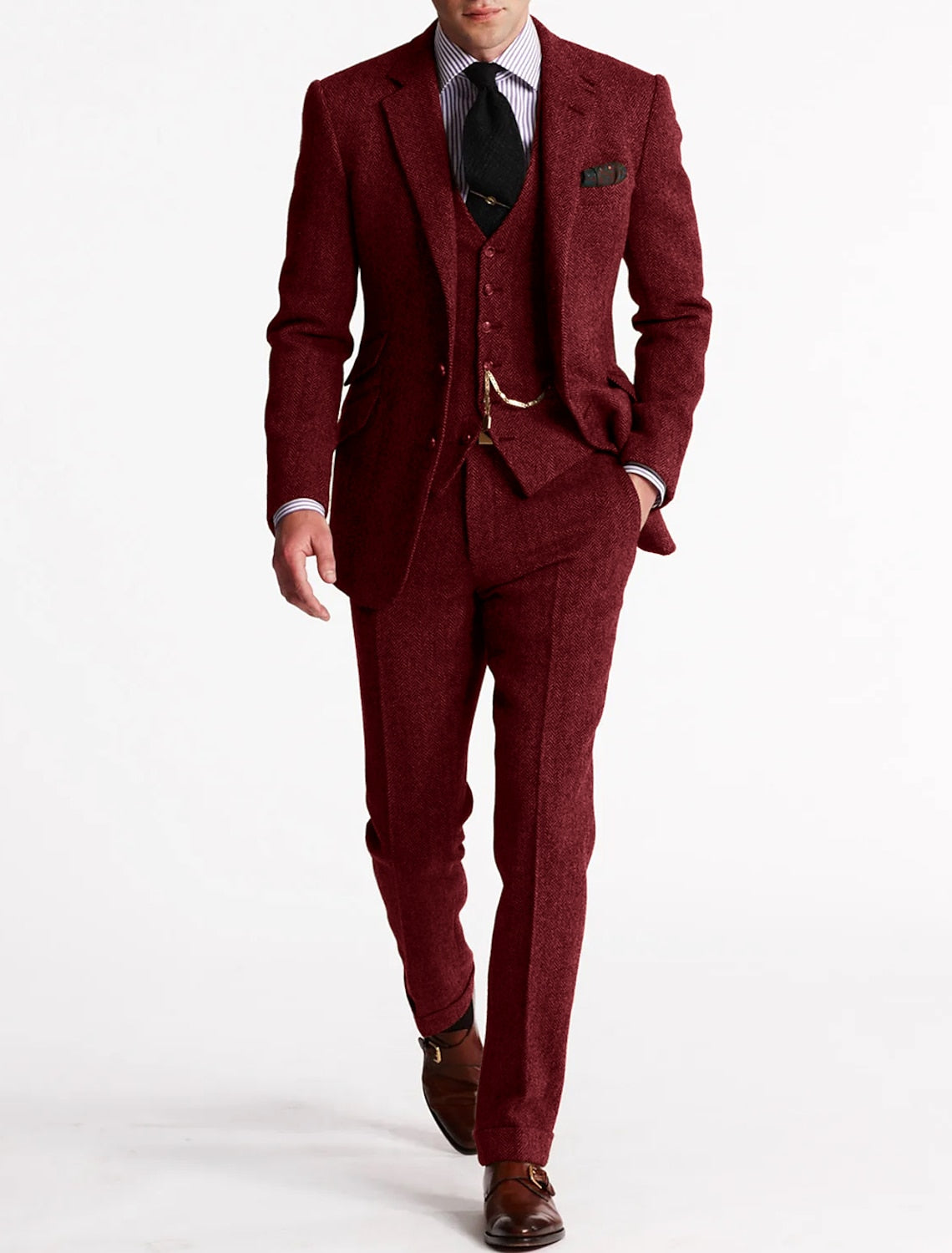 Herrer Tweed Jakkesæt Med Vest & Lommer
