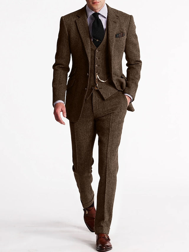 Herrer Tweed Jakkesæt Med Vest & Lommer