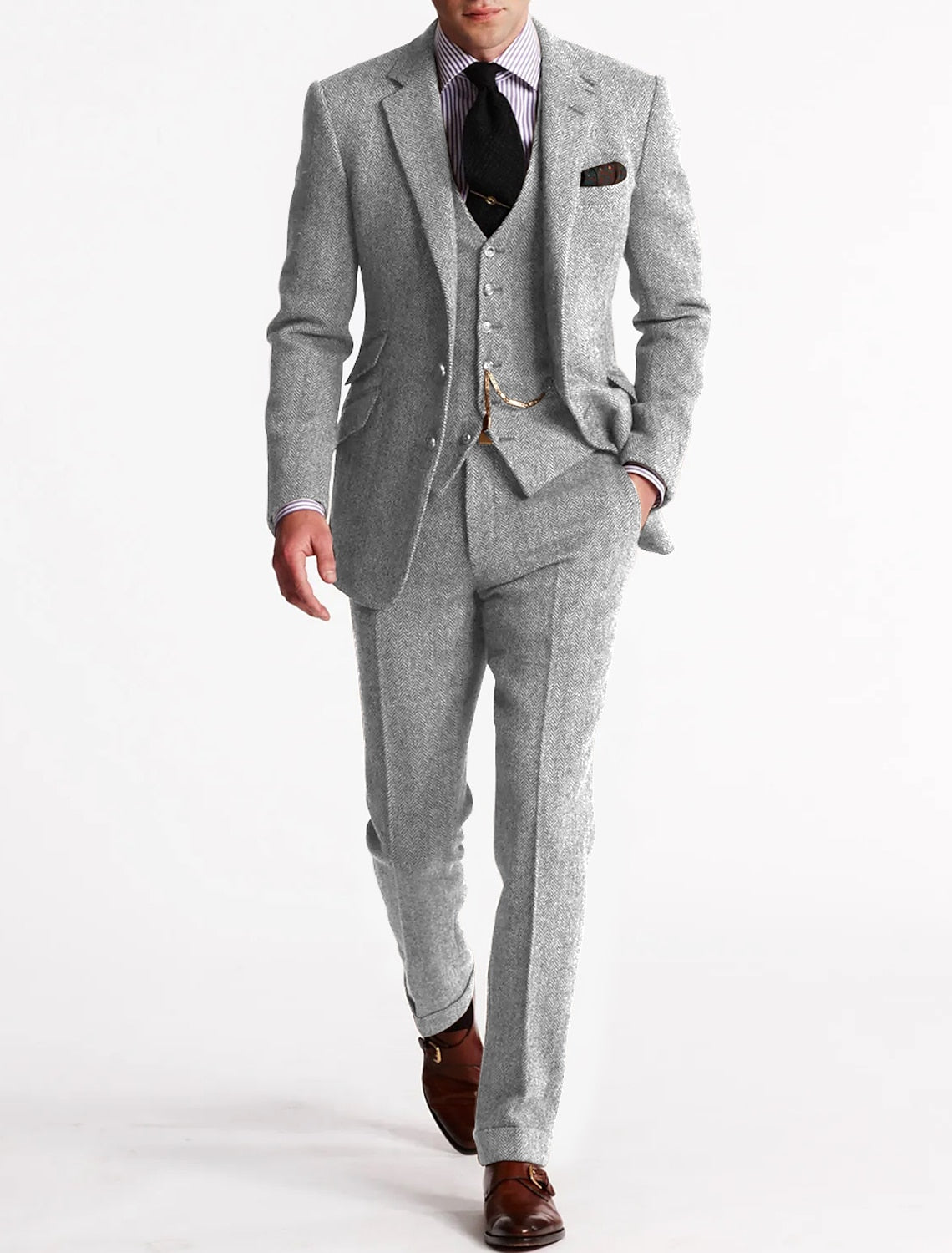 Herrer Tweed Jakkesæt Med Vest & Lommer
