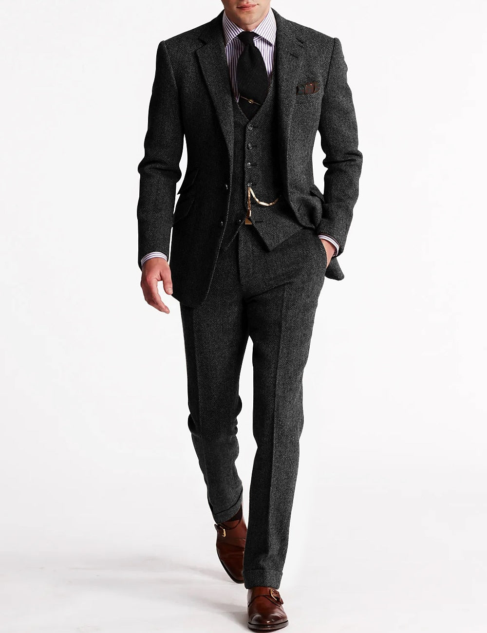 Herrer Tweed Jakkesæt Med Vest & Lommer