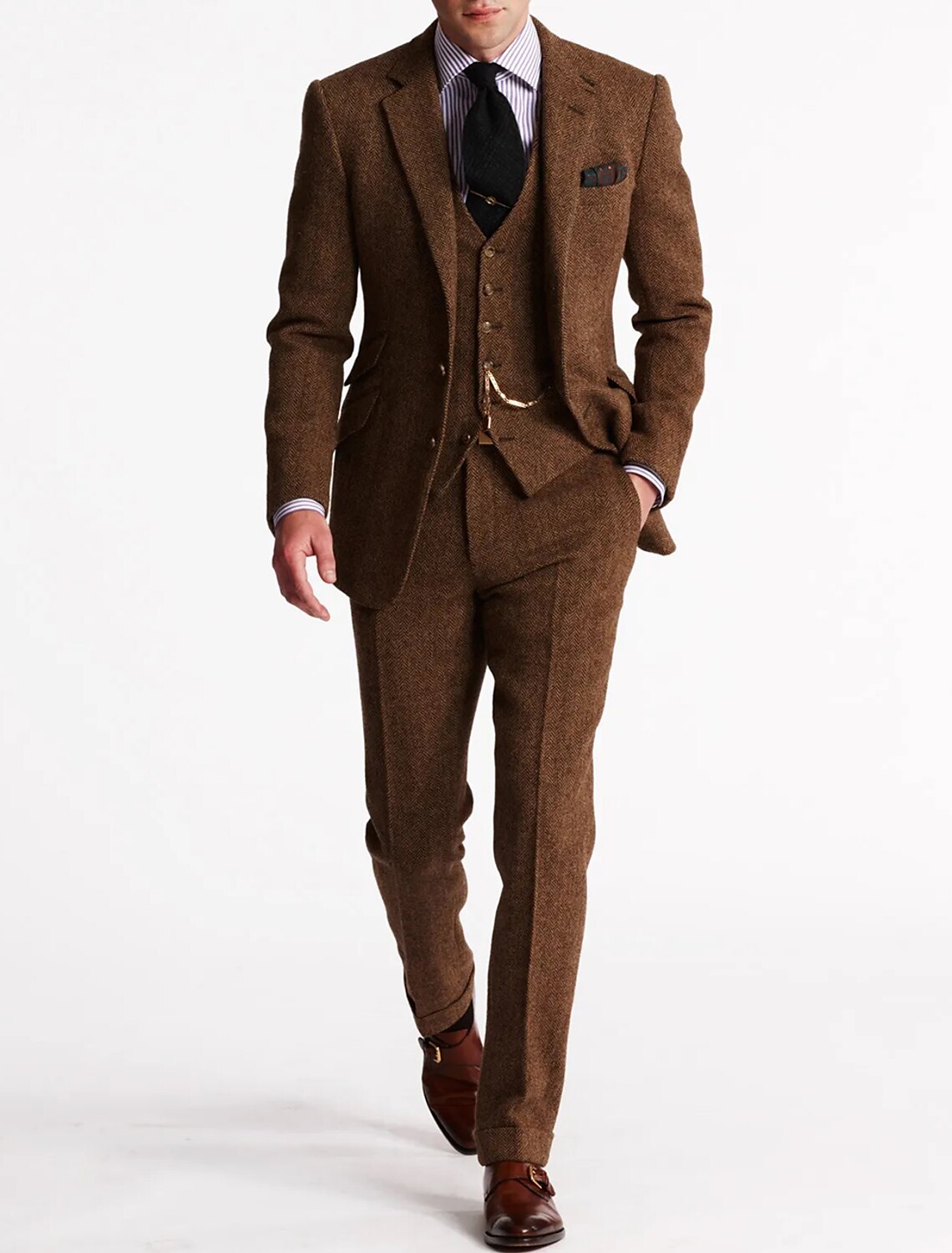 Herrer Tweed Jakkesæt Med Vest & Lommer