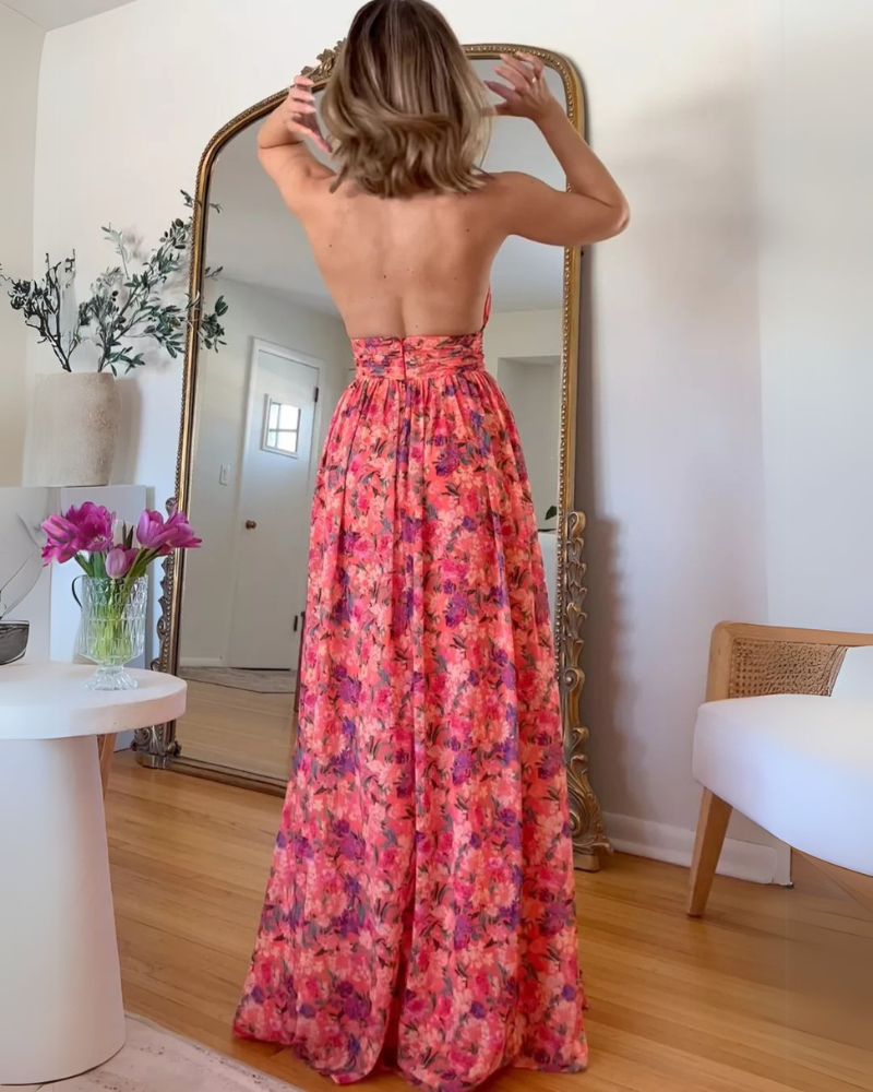 Luna | Dame Åben-ryg Blomstermønstret Kjole | Maxi