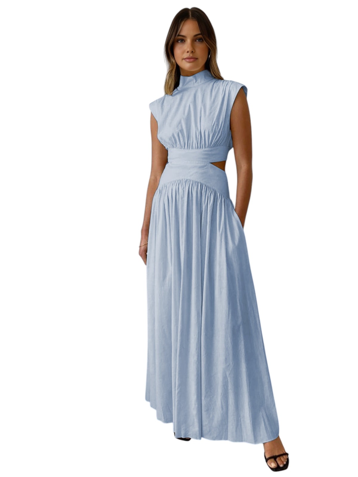 Mathilde - Elegant Drapperet Maxikjole med Høj Hals og Cutout Detaljer
