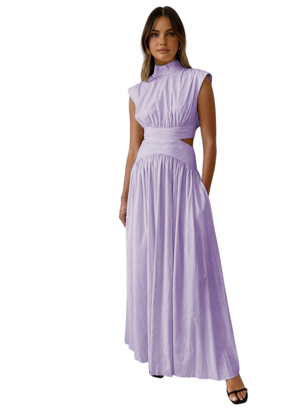 Mathilde - Elegant Drapperet Maxikjole med Høj Hals og Cutout Detaljer