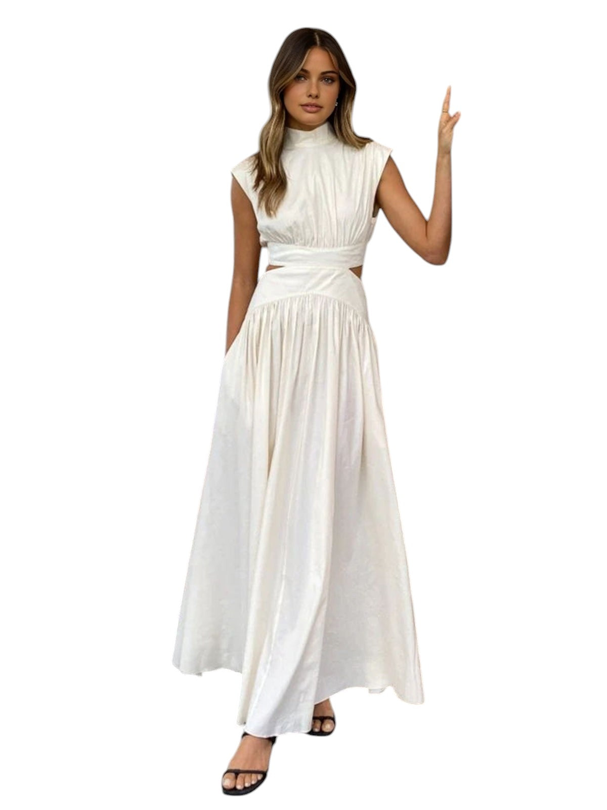 Mathilde - Elegant Drapperet Maxikjole med Høj Hals og Cutout Detaljer