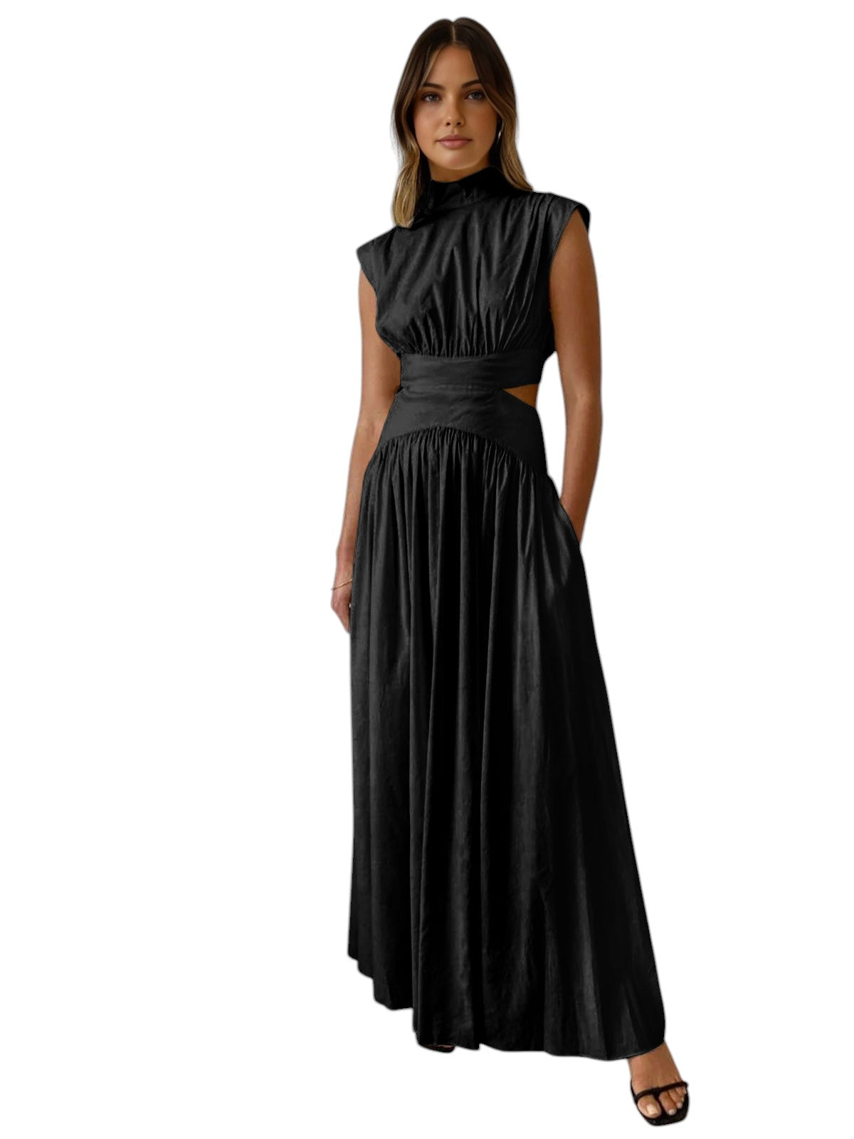 Mathilde - Elegant Drapperet Maxikjole med Høj Hals og Cutout Detaljer