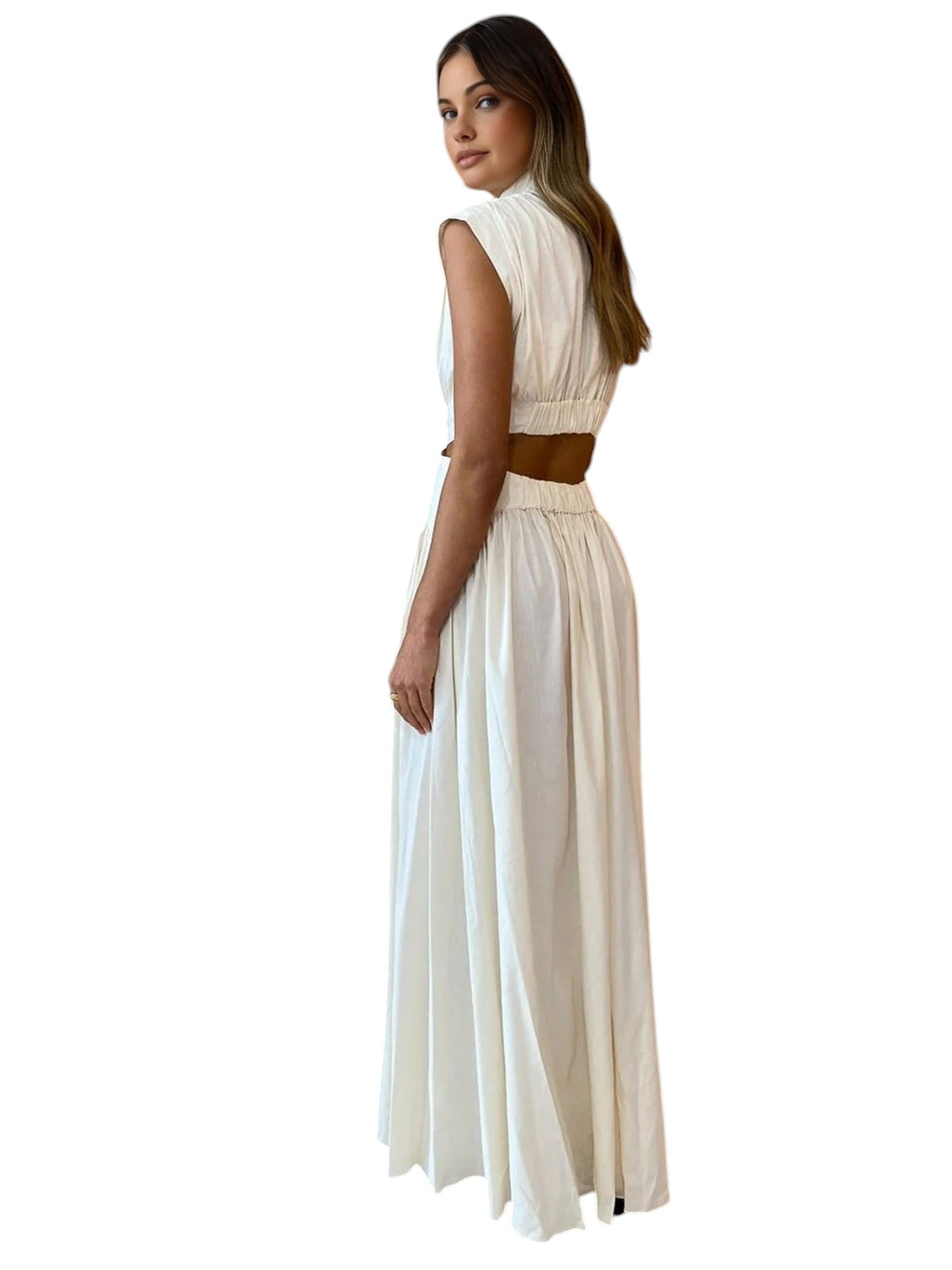 Mathilde - Elegant Drapperet Maxikjole med Høj Hals og Cutout Detaljer