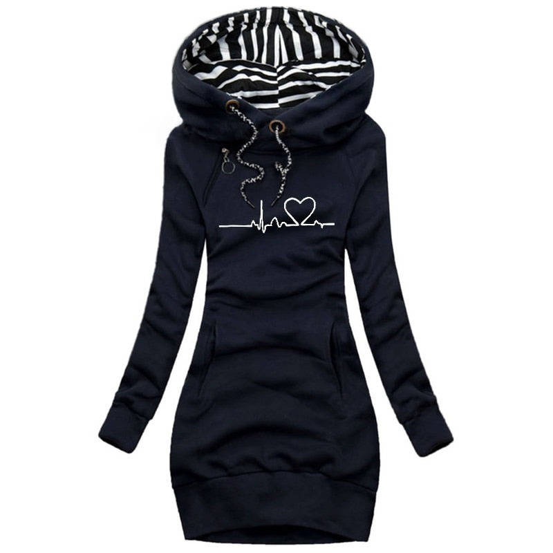 Sweat Dame Hoodie Kjole Med Print & Snørekrave | Med Hætte