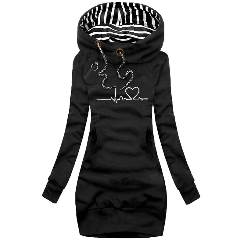 Sweat Dame Hoodie Kjole Med Print & Snørekrave | Med Hætte